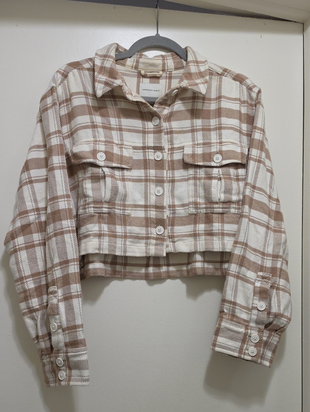 American Eagle Outfitters Cropped Plaid Button-Front Jacket - Cream & Brown